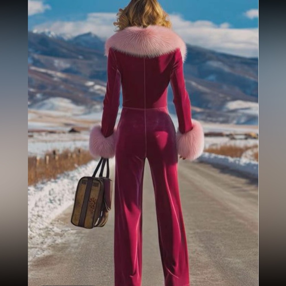 S0LD‼️ Chic Velvet Jumpsuit with Faux Fur Accents - Picture 2 of 3